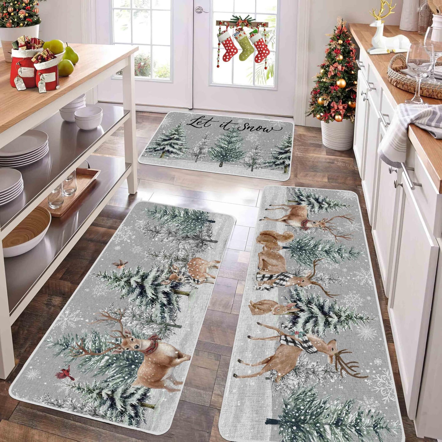 Baccessor Christmas Winter Kitchen Rugs Set of 3, Snowy Pine Tree Deer Cardinal Snowflakes Kitchen Mats Washable Non Slip Rubber Backing Xmas Farmhouse Home Floor Holiday Indoor Laundry Decor