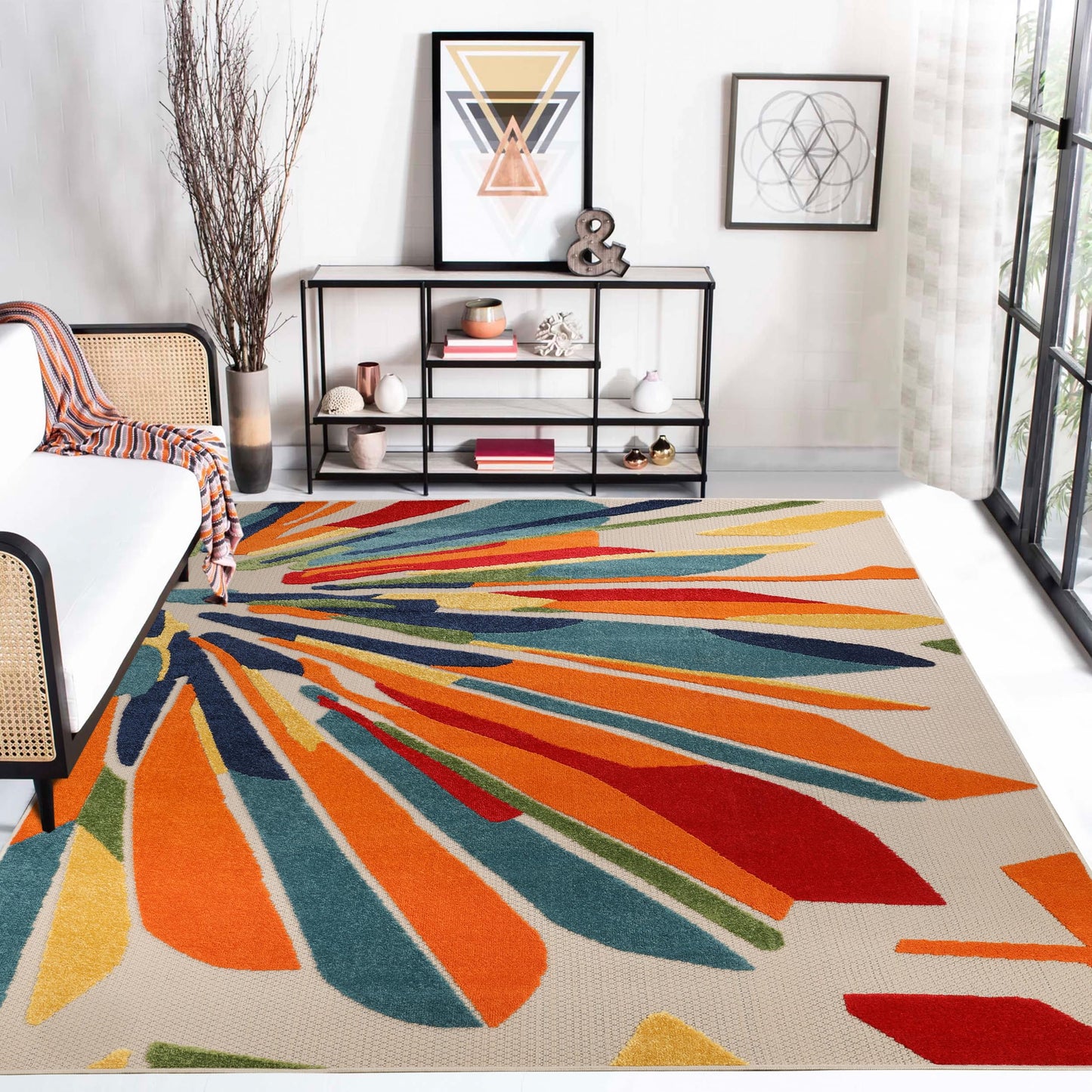 Superior Indoor Outdoor Area Rug, Perfect for Patio, Bedroom, Kitchen, Living Room, Entryway, Playroom, Nursery, Carpet Cover, Abstract Geometric Modern, Leander Collection, 7' 10" x 9' 10", Cream