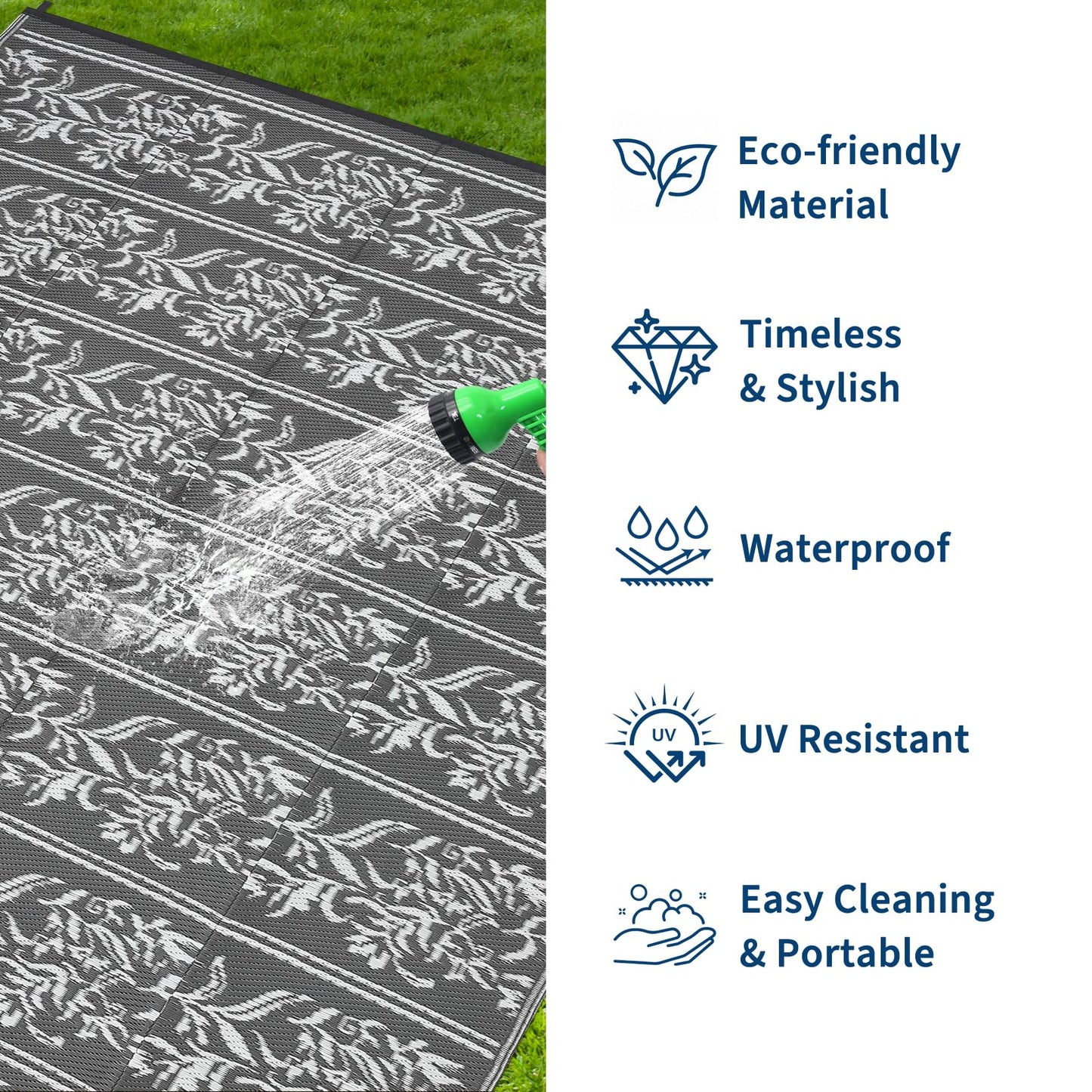 Garvee Outdoor Rugs 5x8 Waterproof Reversible Mat Boho Leaf Patio Rug with 4 Stakes and Starage Bag, Large Outdoor RV Mat Rugs for Camping, Picnic, Balcony, Deck, Backyard, Grey & White