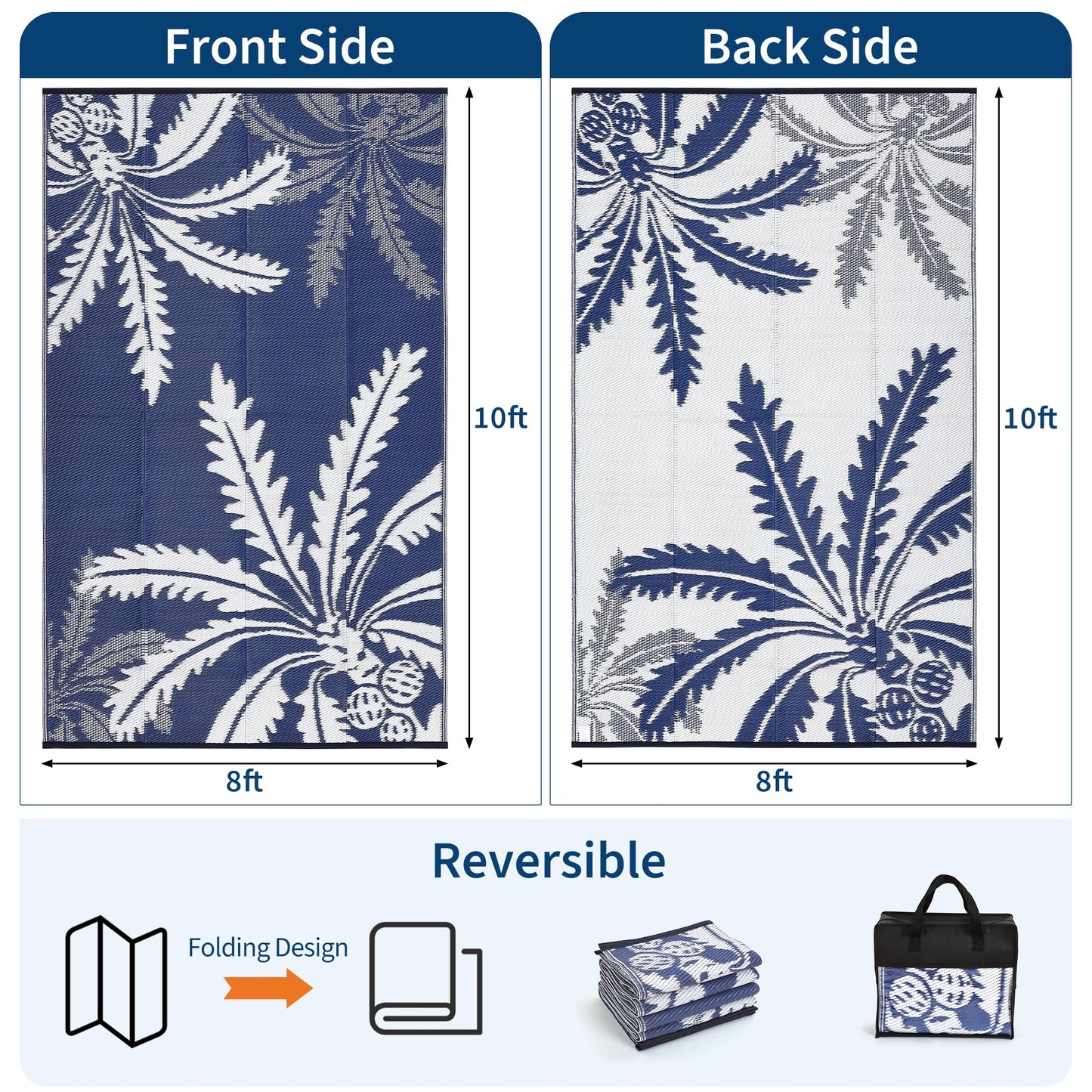IDEALHOUSE Waterproof Outdoor Rug 8x10 for Patio, Reversible Modern Area Rug, Large Plastic Straw Mat for Camping, RV, Porch, Backyard, Deck, Picnic, Beach, Blue & White