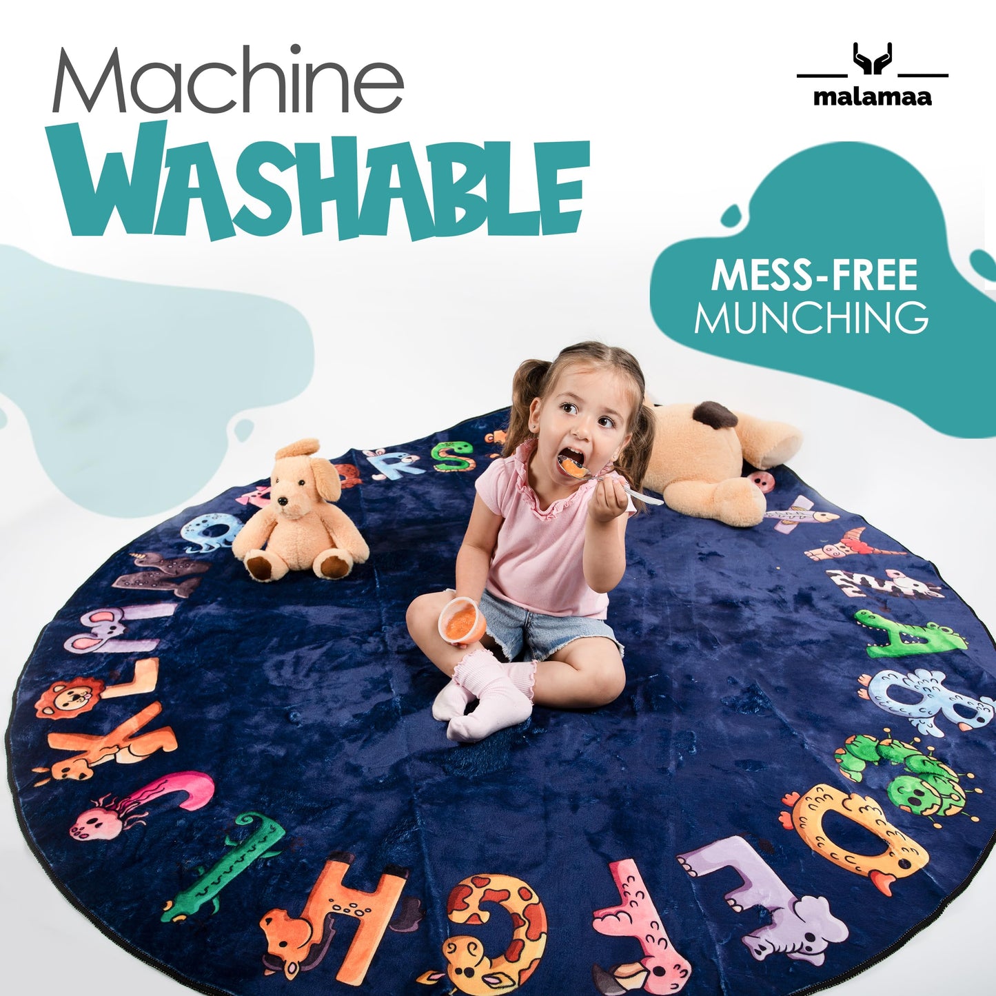 Malamaa ABC Alphabet Rug for Kids – 6 ft Round Blue Play Mat for Toddlers & Babies, Soft Nursery Decor for Learning Letters, Classroom & Playroom Area Mat