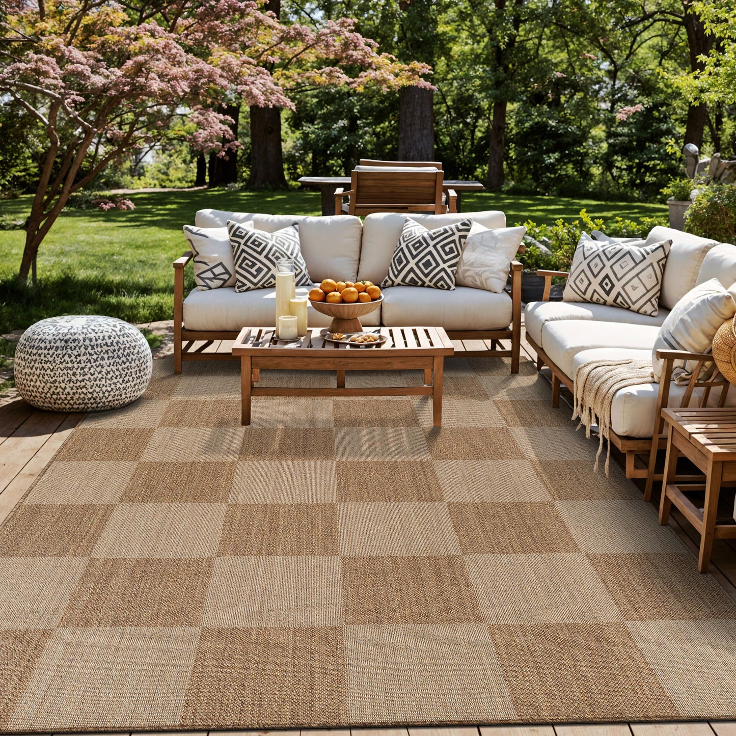 Rugshop Checkered Boxes Indoor Outdoor Flat Woven Area Rug,Natural Jute-Style,Easy-Care Patio Rug for Backyard Porch Deck Balcony, 7'10" x 10' Sand/Natural