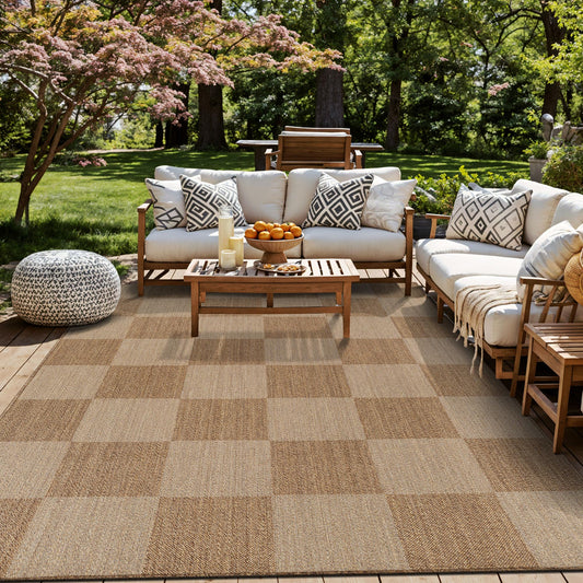 Rugshop Checkered Boxes Indoor Outdoor Flat Woven Area Rug,Natural Jute-Style,Easy-Care Patio Rug for Backyard Porch Deck Balcony, 7'10" x 10' Sand/Natural