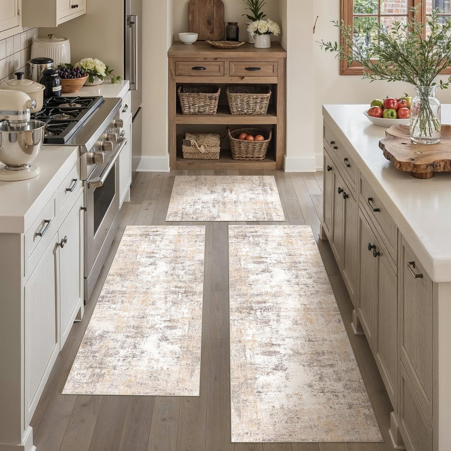WondRg Kitchen Rug Set of 3 Washable Beige Grey Abstract Kitchen Mats for Floor Non-Slip Kitchen Runner Rug Soft Low Pile for Bathroom Laundry Hallway Sink Entryway