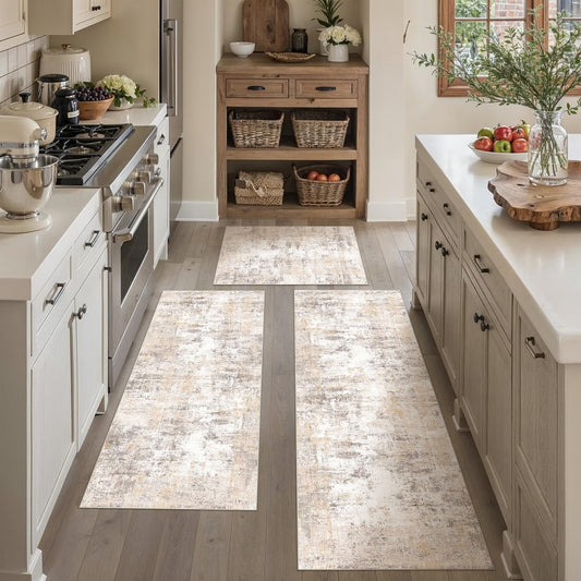 WondRg Kitchen Rug Set of 3 Washable Beige Grey Abstract Kitchen Mats for Floor Non-Slip Kitchen Runner Rug Soft Low Pile for Bathroom Laundry Hallway Sink Entryway