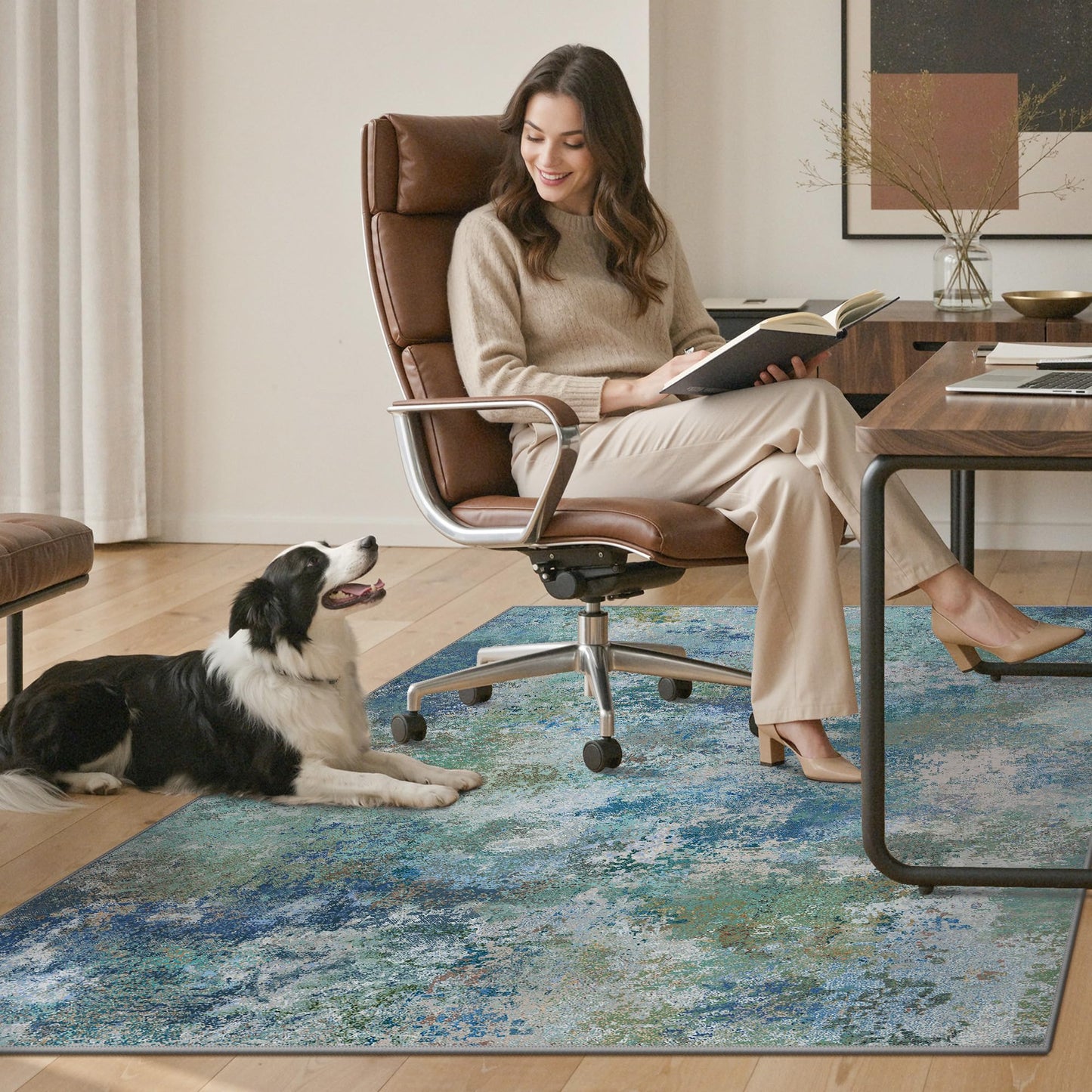 Office Chair Mat for Hardwood Tile Floor, Abstract 36"X 48" Desk Mats for Office Chair on Rolling Chairs Carpet, Desk Anti-Slip 1/5" Thick Rug for Computer Chair, Thin Low-Pile Floor Mat, Blue Green