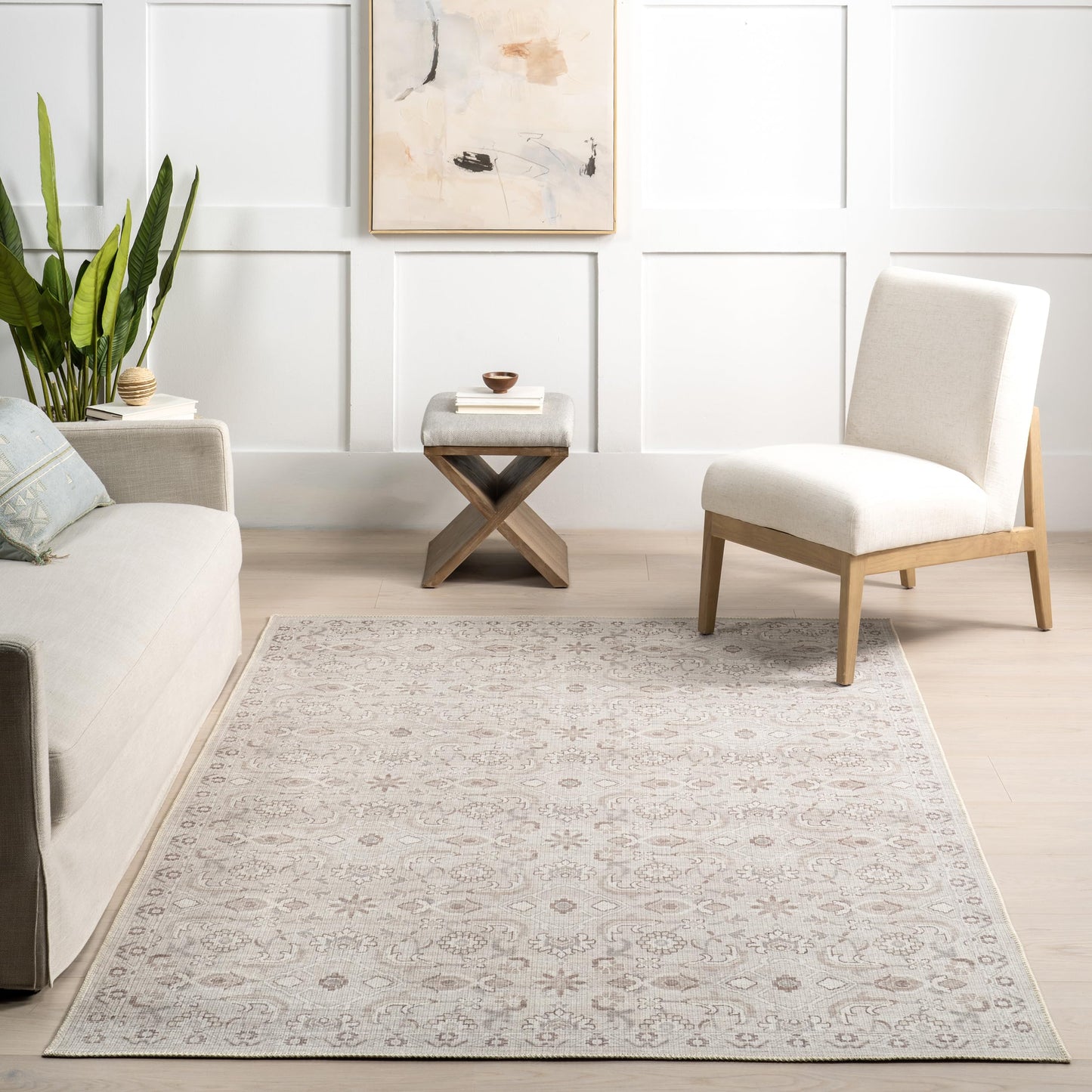 nuLOOM 4' x 6' Green Haven Collection Indoor Area Rug, Recycled Cotton, Machine Washable, Stitched Edging, Flat Woven, Ariya Cream