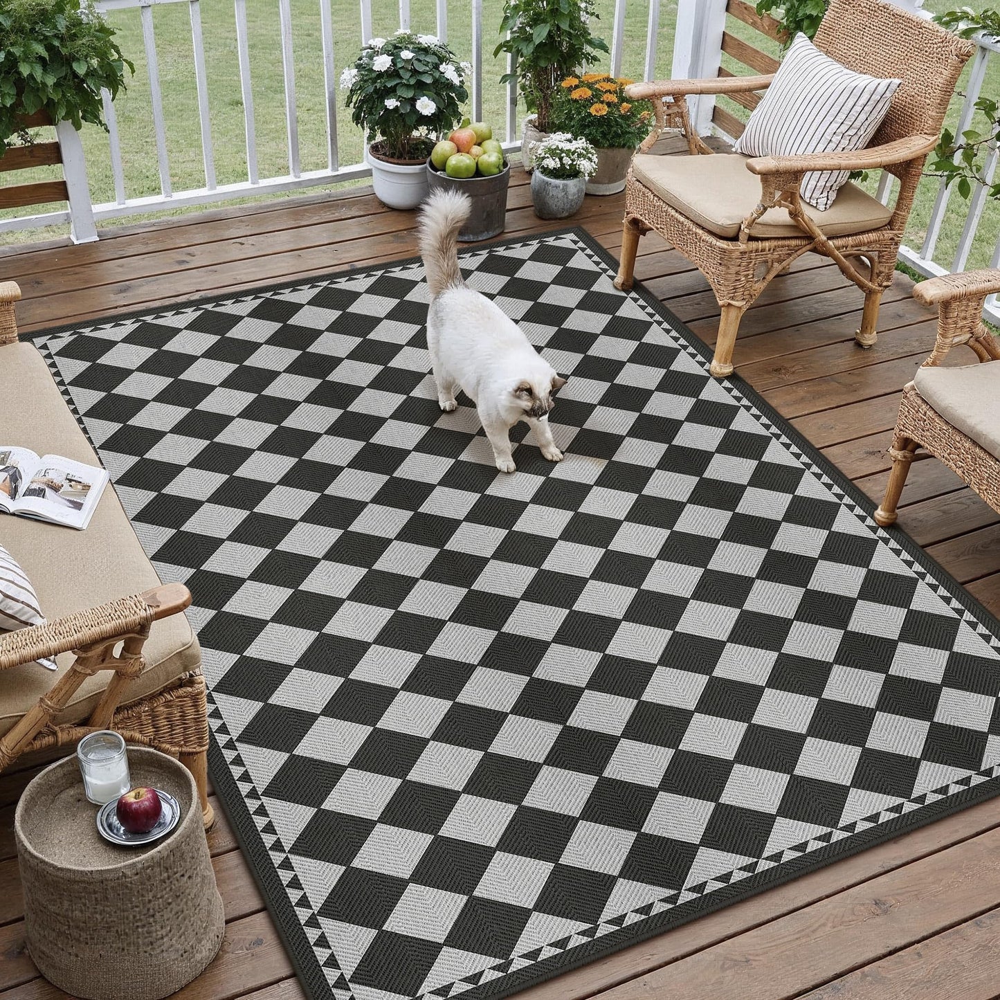HUGEAR 5x7 Outdoor Rug Black/Grey Linen-Look Fabric Checkered Area Rug High Traffic Stain Resistant Easy Clean Durable Rugs for Indoor/Outdoor Patio Deck Balcony Porch Garden Courtyard