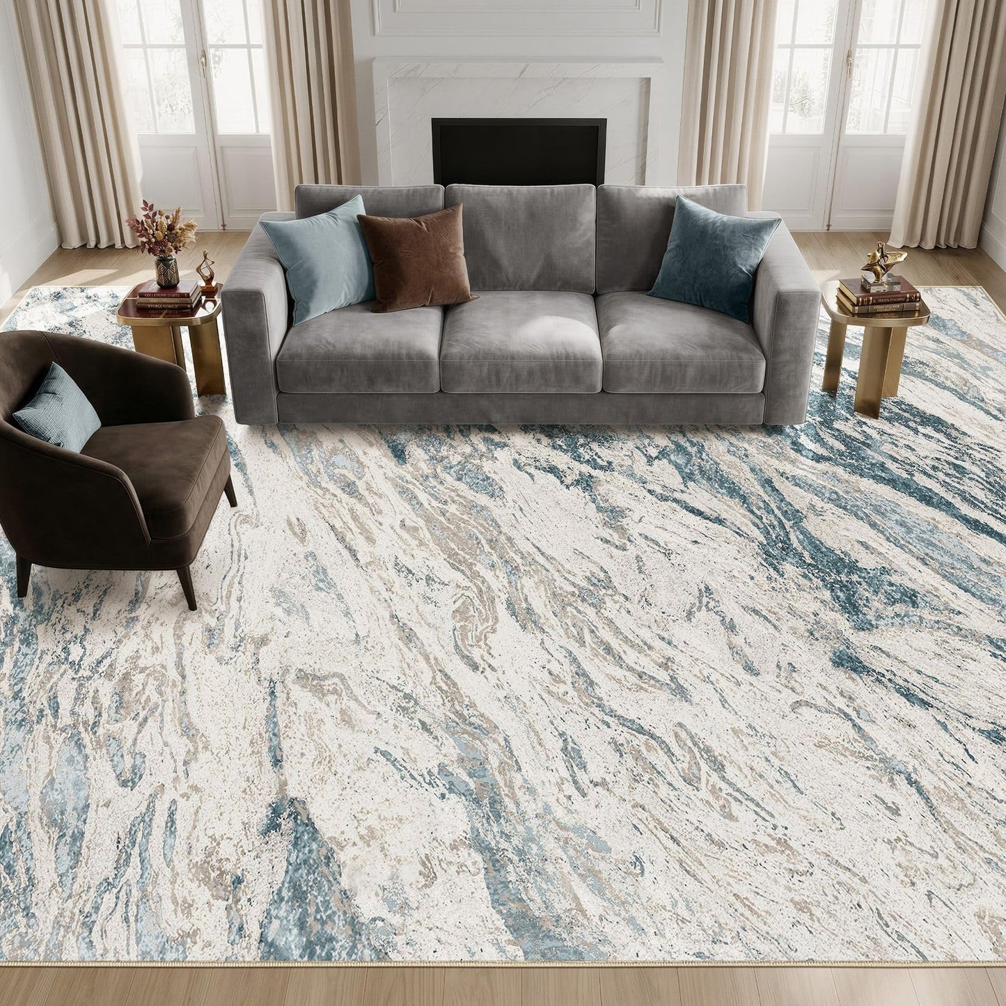 Micgeek Area Rugs for Living Room: 9X12 Abstract Washable Rug Modern Neutral Large Soft Stain Resistant Non-Slip for Bedroom Dining Room Indoor Home Office Carpet - Blue Brown
