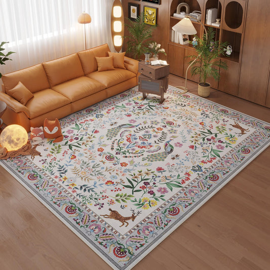 Rugcomf Living Room Rug 5x7 Rug Machine Washable Area Rug Floral Non-Slip Low Pile Large Rugs for Living Room, Bedroom, Farmhouse, Dining Room, Kids Playroom(Colorful)