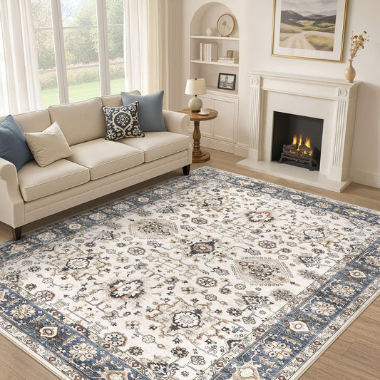UESRUGS 10x14 Area Rug for Living Room, Washable Vintage Pattern, Non-Slip Stain Resistant Soft Durable Floor Rug for Bedroom & Dining Room - (Blue & Beige)