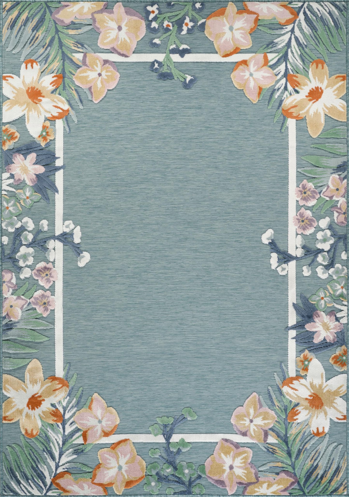 Abani Blue Area Rug – 8' x 10' – Sakura Collection – Floral Border Pattern – Easy to Clean – Durable for Patio, Living Room, or Sunroom, Pet & Child Friendly