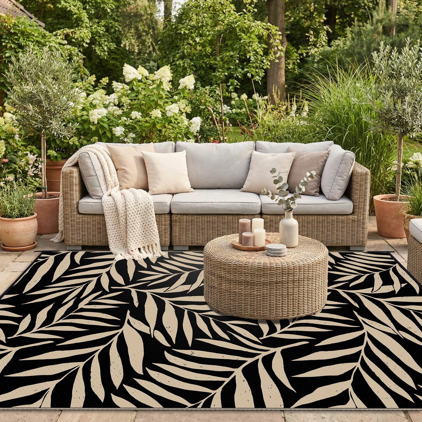Smiry Outdoor Rug 8x10 ft, Waterproof Reversible Plastic Straw Rugs, Outdoor Area Rug with Leaf Pattern, Outside Floor Mat for Patio, Backyard, Deck, Picnic, Beach, Camping, Black & Beige