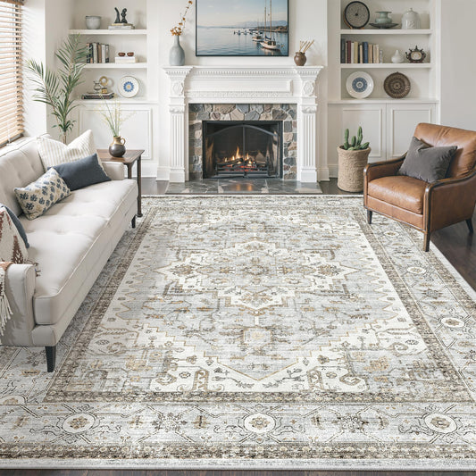 befbee 8x10 Area Rugs for Living Room, Stain Resistant Neutral Washable Rugs for Dining Room, Floral Vintage Non-Slip Thin Large Size Area Rug （Blue＆Beige）