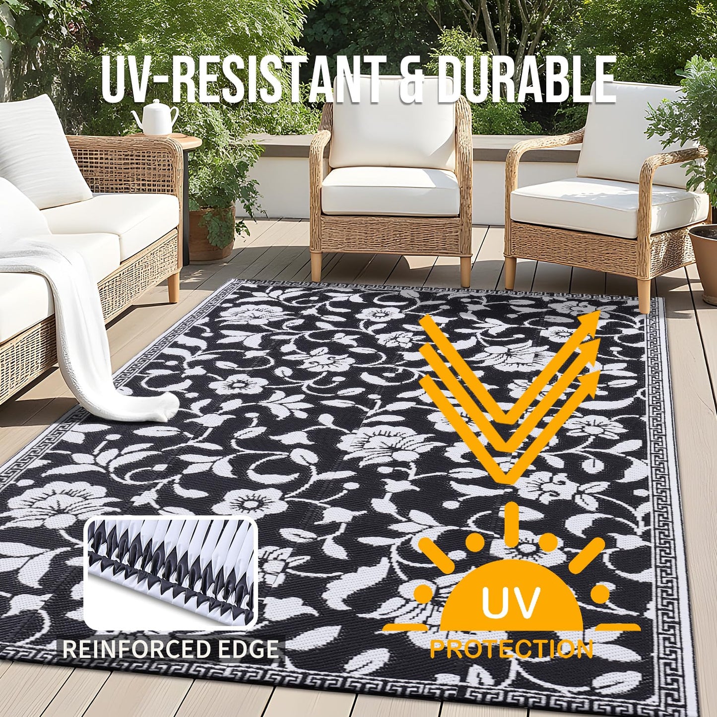 OLANLY Waterproof Outdoor Rug 4x6 ft, Outdoor Plastic Straw Rug with Flower Pattern, Reversible RV Mat for Patio, Camping, Balcony, Deck, Backyard, Black & White