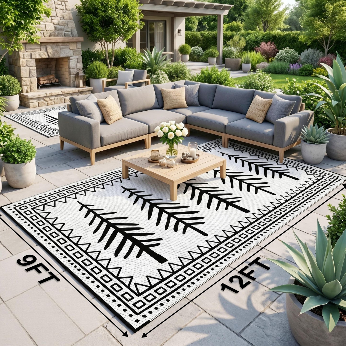 CircleRoad RV Outdoor Rug 9x12 Waterproof Patio Rug Mat with 4 Stakes UV Resistant Reverisble Plastic Straw Outdoor Rug with Carry Bag for RV Camping Picnic Beach