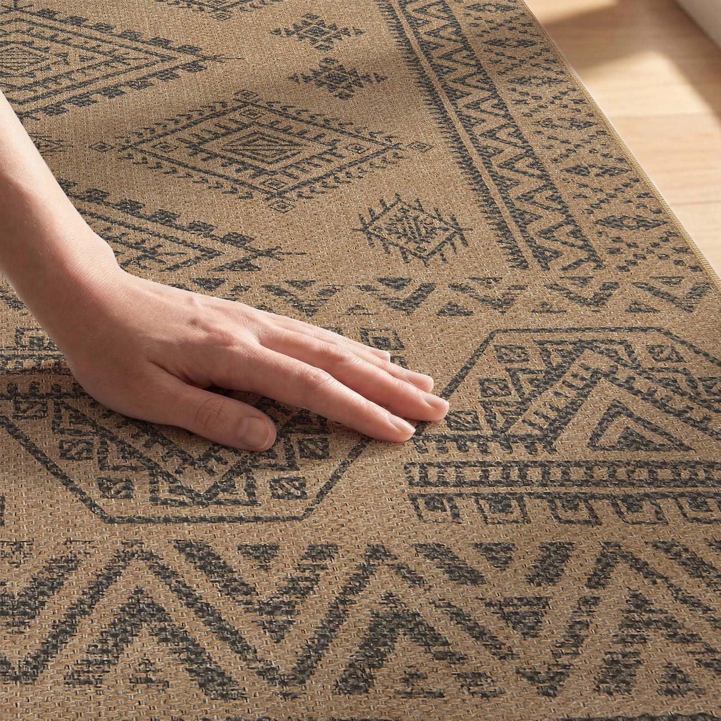 jinchan 3x8 Washable Faux Jute Runner Rug, Boho Southwestern Geometric Long Runner Rug with Natural Fiber Look, Low-Pile Non-Slip Floor Mat for Hallway Kitchen Living Room Entryway, Natural Charcoal