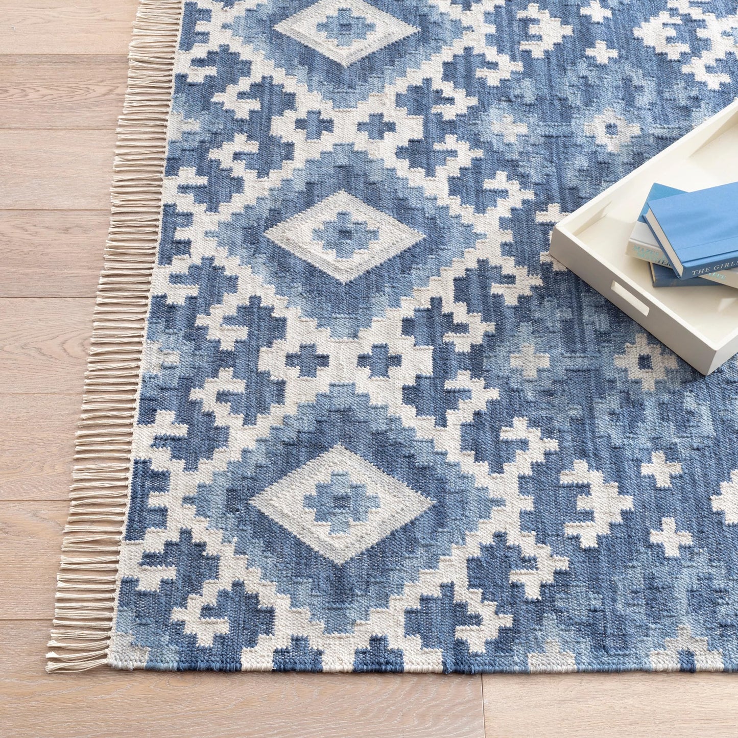 Dash and Albert Marmara Kilim Handwoven Cotton Rug, Runner-2.5 X 8 Feet, Blue Geometric Pattern - Premium Luxury Hotel Quality Soft Breathable Hypoallergenic Machine Washable Easy Care All Season