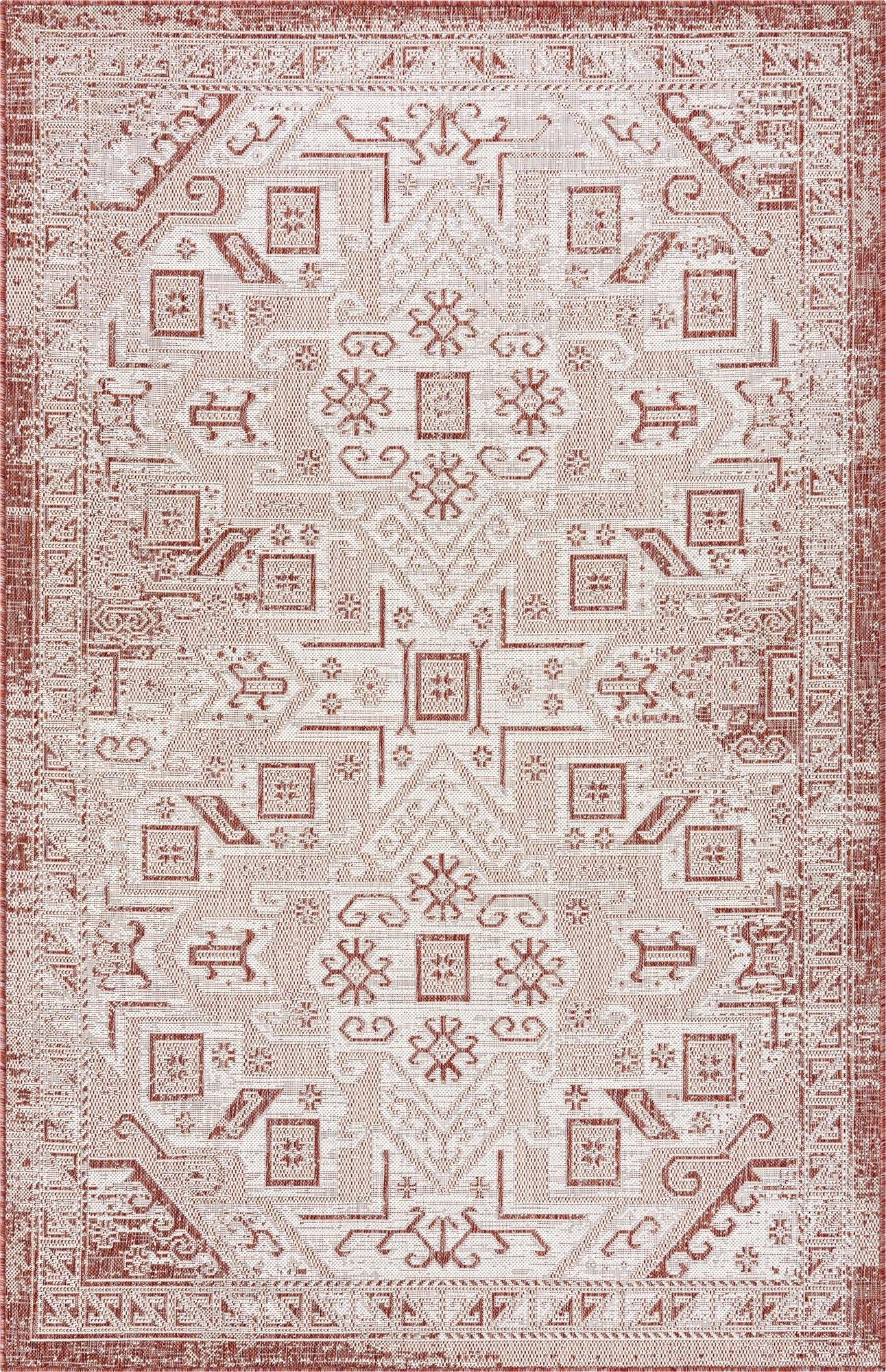Unique Loom Outdoor Aztec Collection Area Rug - Coba (5' 3" x 7' 10" Rectangle, Rust Red/ Ivory)