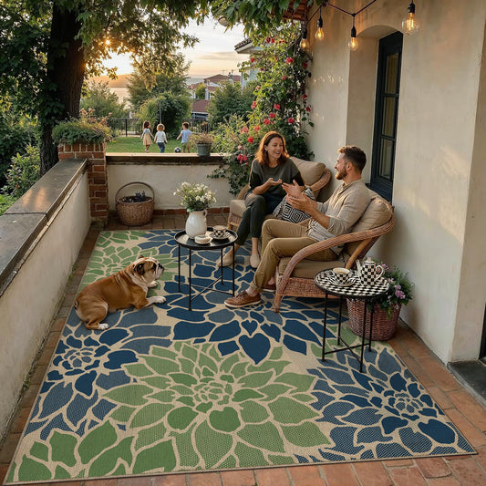 PureCozy 5x7 Easy Jute Outdoor Rug Navy/Green Floral Textured Indoor Outdoor Area Rug Farmhouse Patio Carpet for Backyard, Patio, Porch, Easy-Cleaning, High Traffic, Pet-Friendly, Non-Shedding
