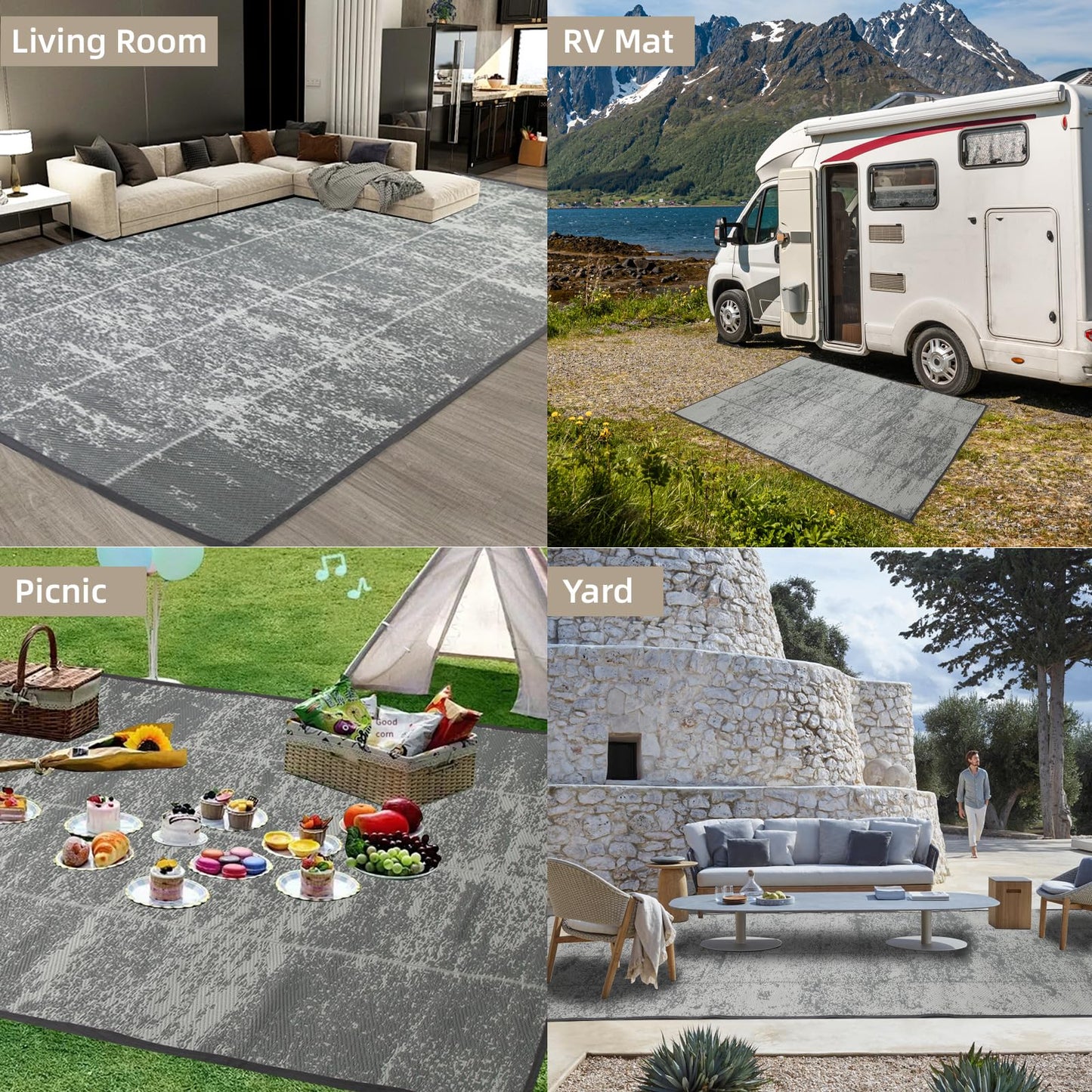 8'x 10' Outdoor Rug,Waterproof Reversible Patio Rugs,8x10 ft Plastic Straw Outdoor Carpet Foldable Plastic Camping Mat for Outside RV, Patio,Picnic,Camper,Balcony,Porch(Deep Gray)