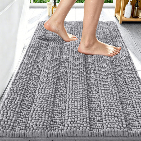 Smiry Thick Chenille Bathroom Rugs 30x20, Extra Soft Absorbent Striped Bath Mat, Machine Washable, Rubber Backing, Bath Rugs for Tub & Shower, Modern Home Decor Accessories, Grey