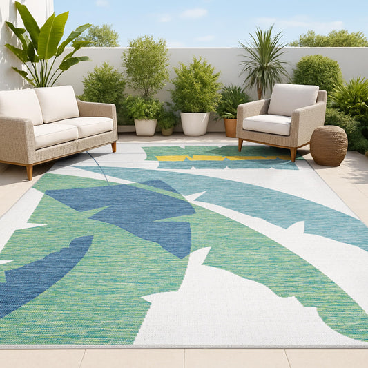 JONATHAN Y Abstract Palm Leaf Indoor Outdoor Area Rug 8X10 Green/Cream, Shelby Coastal Vintage for Backyard, Patio, Porch, Easy-Cleaning, High Traffic, Pet-Friendly, Non-Shedding (TSN403B-8)