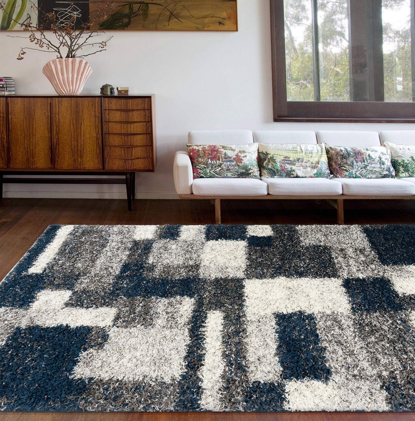 Rugshop Navy Distressed Modern Boxes Plush Shag Area Rug — Non-Shedding Soft for Living Room, Dining Room and Bedroom, 5' x 7'
