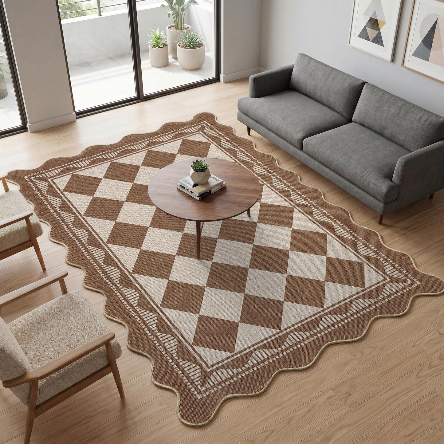 Garvee Easy Jute 8x10 Area Rug Scalloped Border Rugs for Living Room Indoor Outdoor Washable Rugs for Bedroom Non Slip Floor Cover Stain Resistant Low Pile Throw Rug for Dining Room Nursery，Brown