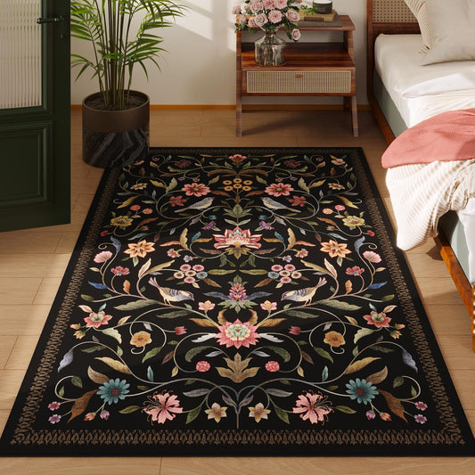 Vowkten Vintage Medallion Floral 3x5 Washable Rug, Soft Low Pile Area Rug, Non-Slip Carpet for Bedside, Bedroom, Bathroom, Entryway, Kitchen, Office, Kids/Girls Room | Black