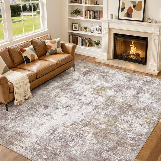 ELLIUNE 10x13 Washable Area Rugs for Living Room, Non Slip Soft Large Rugs for Bedroom Dining Room, Modern Abstract Low Pile Stain Resistant Carpet for Laundry Office Home Decor - Gold Brown