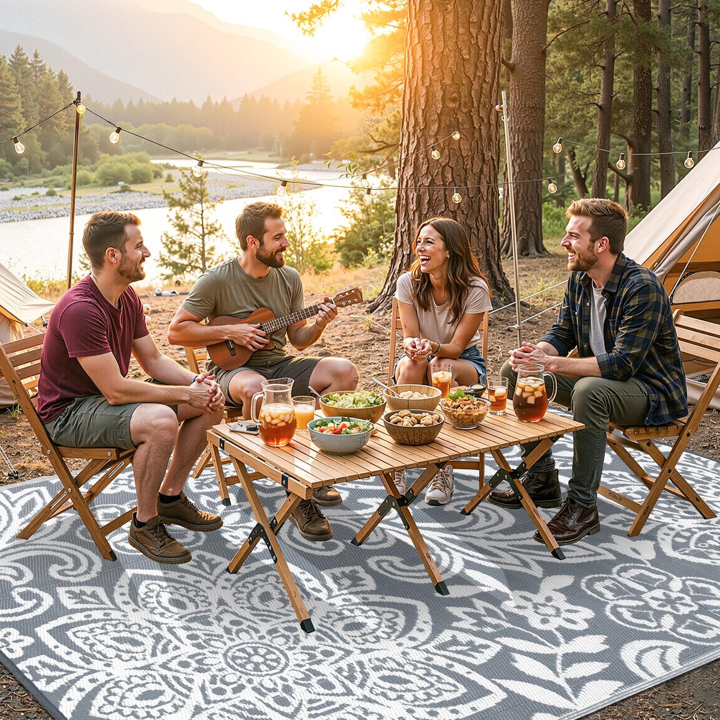 Findosom Waterproof Outdoor Rug 6' x 9' - Reversible Mandala Outdoor Plastic Straw Rug, Durable Foldable Patio Rug for RV, Deck, Balcony, Backyard, Picnic, Porch, Camping, Beach, Gray