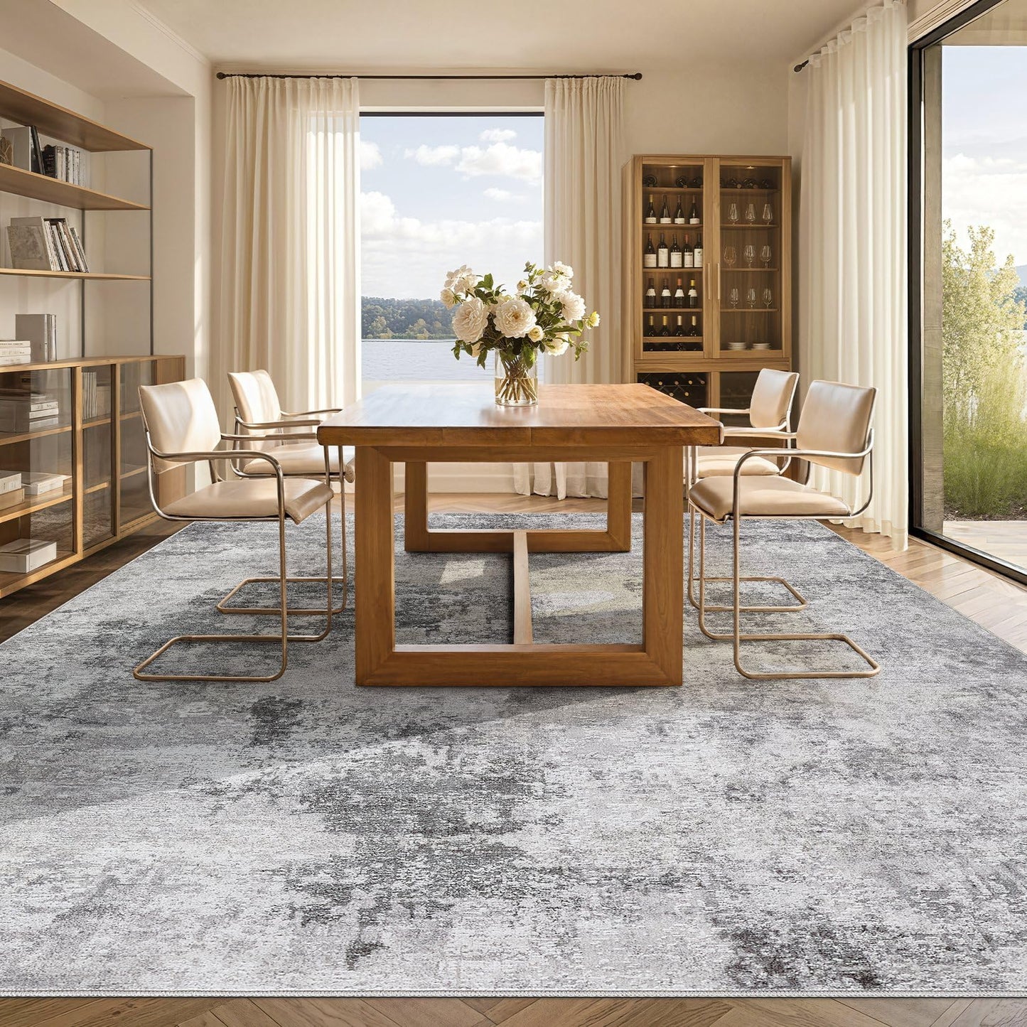 Tortania Washable 10x14 Area Rug for Living Room: Modern Abstract Neutral Large Soft Thin Rugs - Non Slip Indoor Carpet for Bedroom Dining Room Office Nursery Home Floor Decoration - Smoky Gray