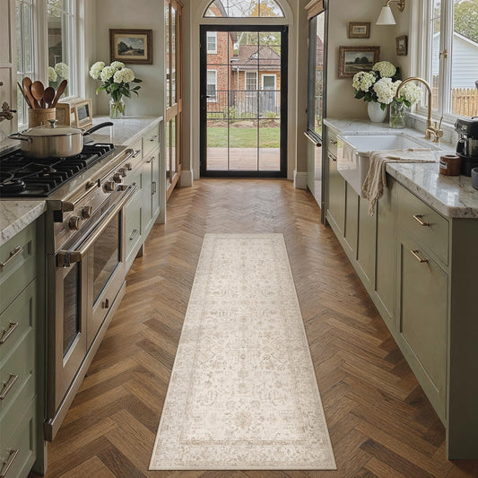 WondRg 2x6 Beige Neutral Runner Rug for Kitchen Machine Washable Low Pile Carpet Vintage Accent Soft Non Slip Rug for Bathroom Decor Bedroom Nursery Indoor
