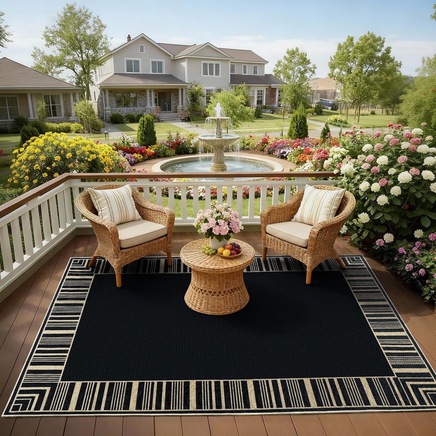 GarveeHome Striped Border Outdoor Rug 5x7 Area Rugs, Washable Rugs for Living Room Non Slip, Farmhouse Neutral Patio Carpet for Backyard Dining Room Balcony,Black
