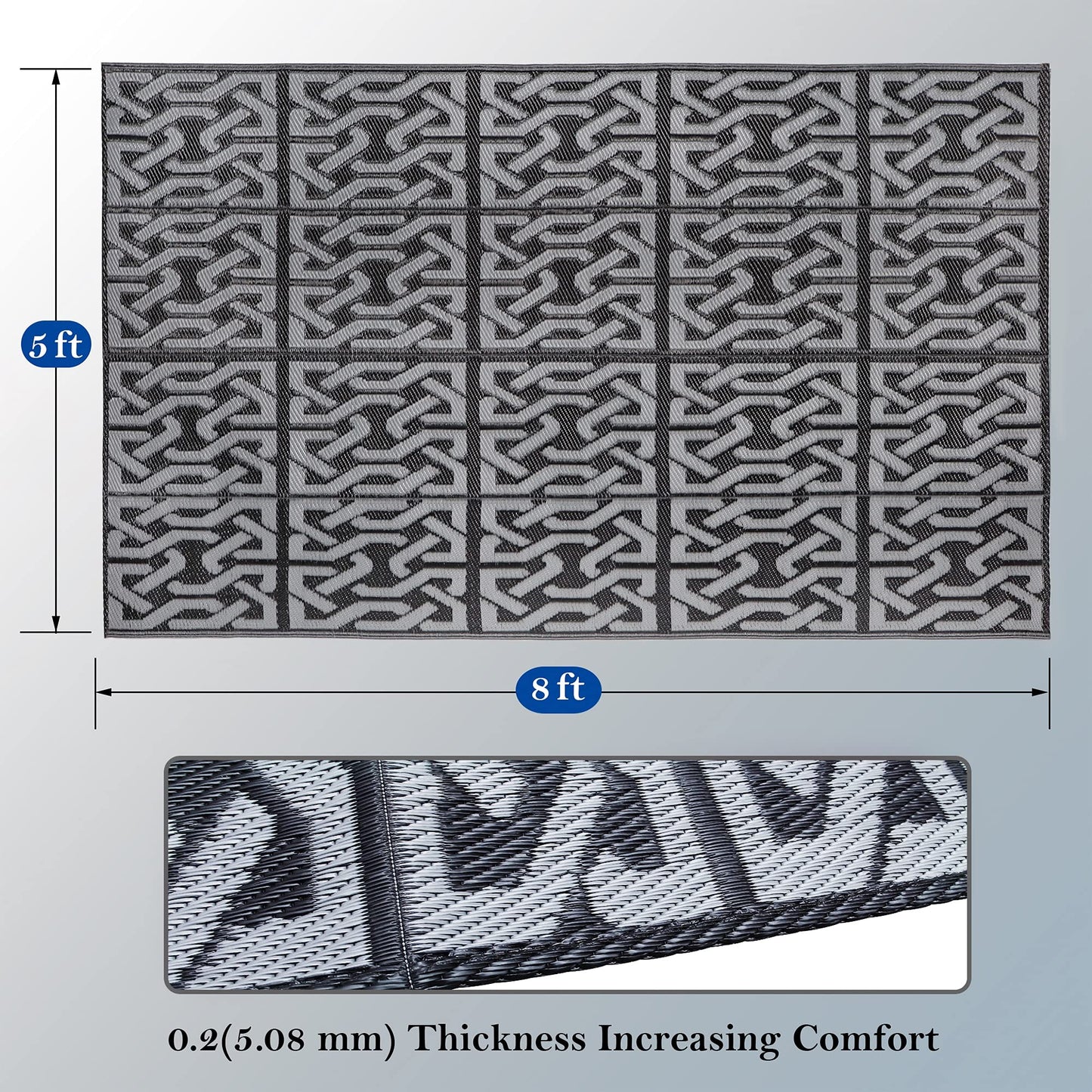 SAND MINE Reversible Mats, Plastic Straw Rug, Modern Area Rug, Large Floor Mat and Rug for Outdoors, RV, Patio, Backyard, Deck, Picnic, Beach, Trailer, Camping (5' x 8', Black & Grey)