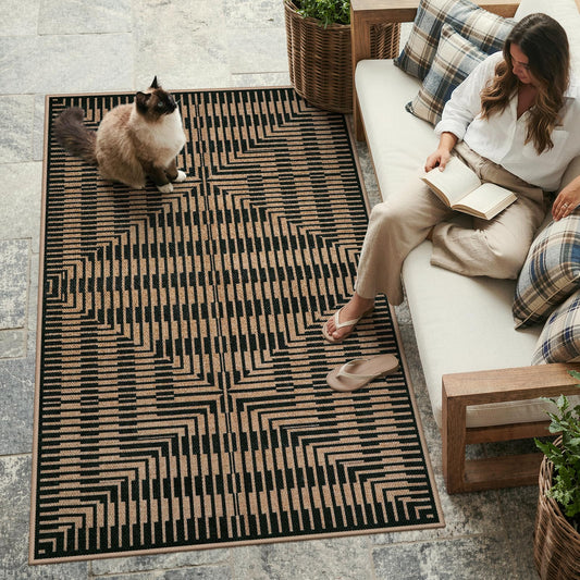 LIVEBOX Easy Jute 3x5 Outdoor Rug, Washable Non Slip Front Door Porch Rugs, Neutral Black Striped Accent Carpet Mat for Entryway, Mudroom (Black & Tan)