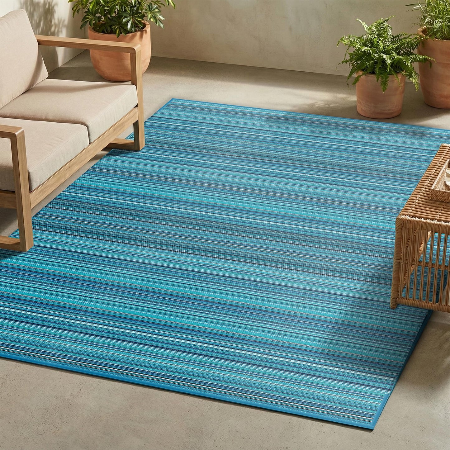 FH Home Outdoor Camping Rug - Waterproof, Fade Resistant, Reversible - Premium Recycled Plastic - Striped - Large Patio, Deck, Sunroom, RV - Havana - Turquoise - 9 x 12 ft Foldable