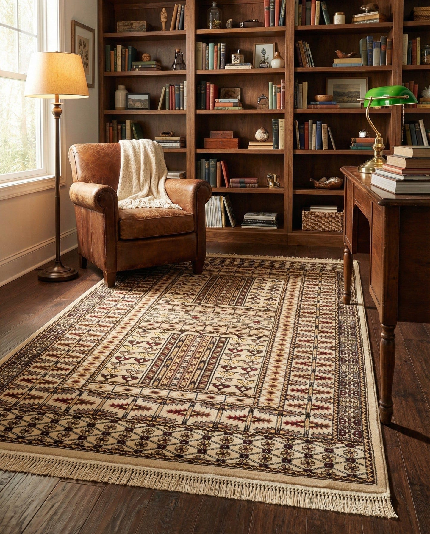 Rugs.com - Bokhara Rug – 5' 3 x 8' Beige Stain-Resistant Area Rug – Traditional Geometric Motif, Low-Pile Carpet for Living Rooms, Dining Rooms, and Home Offices