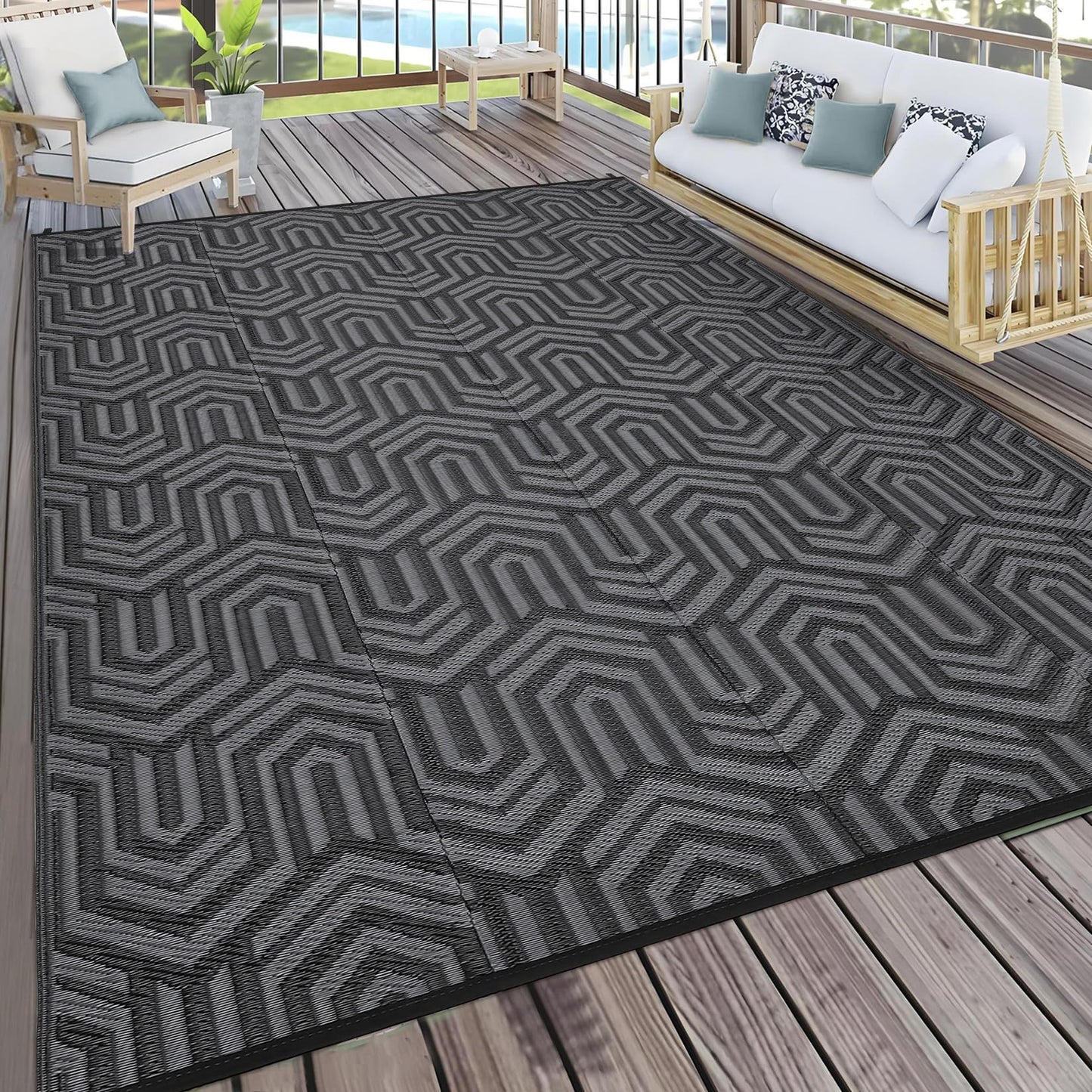 MilleLoom 9x12 Outdoor Rug Waterproof Foldable Plastic Straw Carpet for Patio Porch Abstarct Line Reversible Mat Lightweight Floor Mat for Picnic, Backyard, Rv, Beach, Deck, Camper, Balcony，Black/Grey