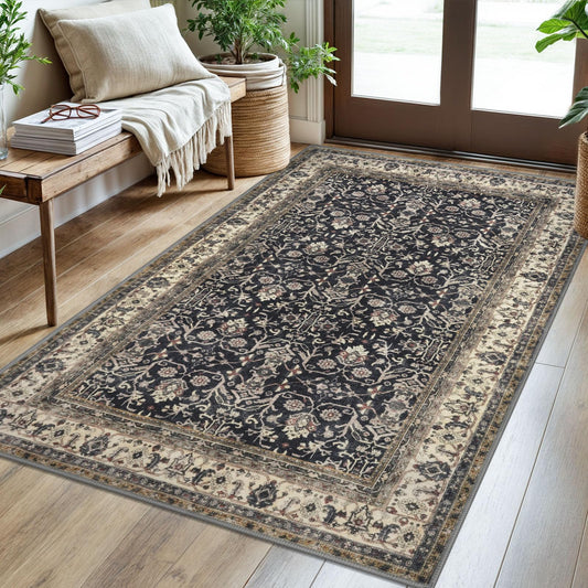 SIILOOM 3x5 Washable Area Rug for Entryway, Black Soft Tribal Floral Rug with Slip-Resistant, Low-Pile Vintage Tribal Area Rugs for Entryway Bedroom, Dorm Carpet with Non-Shedding