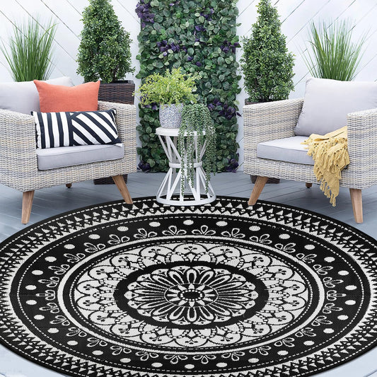 Cekene Round Outdoor Rugs for Patio 8Ft Waterproof Reversible Outdoor Patio Rugs Black Lightweight Plastic Straw Rugs Portable RV Camping Mat Floor Carpet for Deck Porch Picnic BBQ