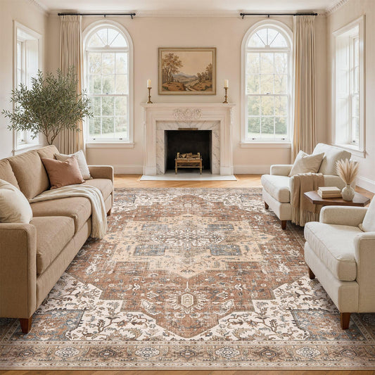 Washable Rug 9x12 Area Rugs: Boho Vintage Distressed Oriental Medallion Neutral Thin Large Rug Carpet for Living Room Bedroom Dining Room Home Office Decor - Brick Red