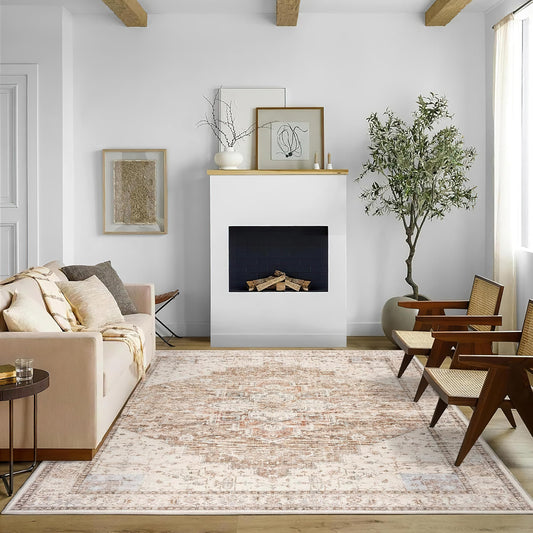 BILEEHOME Boho Farmhouse Bedroom Rug Washable Easy Clean Stain Resistant Vintage Country Rustic Neutral Persian Area Rug for Dining Room Under Table,Light Tan Brown Beig with Terracotta Pattern,5x8