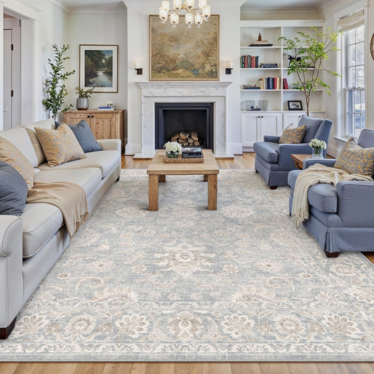 WondRg 8x10 Blue Cream Washable Area Rug for Living Room Bedroom Neutral Floral Soft Non Slip Rug Low Pile Distressed Carpet for Dining Room Nursery Office Indoor