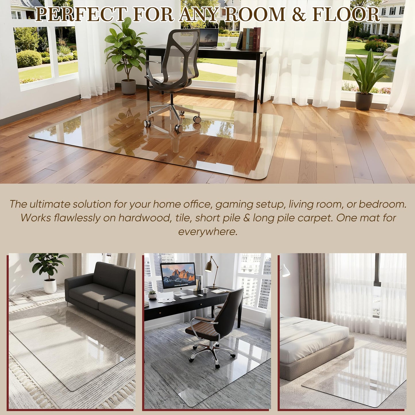 Homsion 36"x48" Tempered Glass Office Chair Mat for Carpet & Hardwood Floor, 1/5" Thick Clear Floor Protector Desk Chair Mat with Rounded and Polished Edges