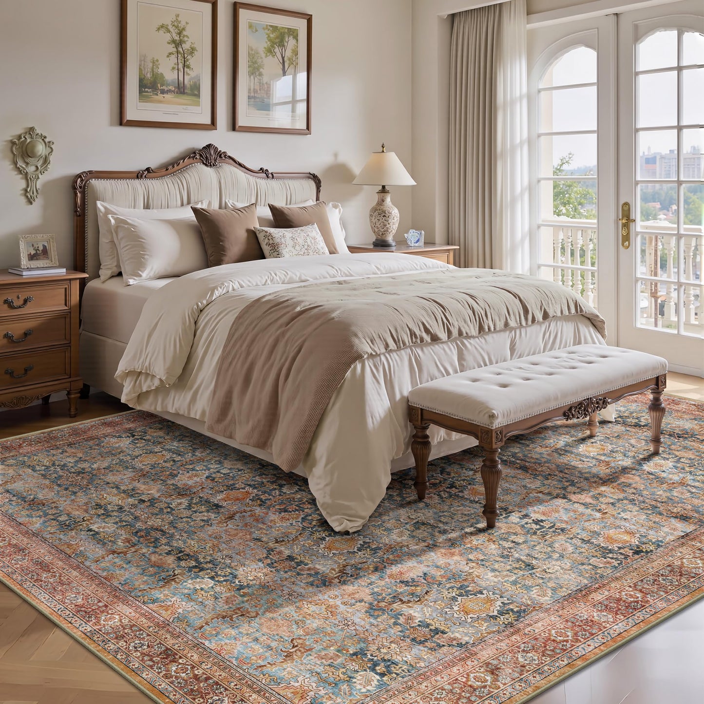 Yarooge 8x10 Area Rugs for Living Room - Washable Vintage Retro Large Rug, Soft Ultra Thin Non Slip Low Pile Traditional Distressed Boho Carpet for Bedroom Dining Room Home Office, Rust Clay
