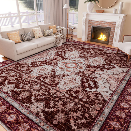 AMTOVO 6x9 Washable Area Rugs for Living Room, Non-Slip Boho Vintage Accent Medallion Print Pattern Carpet for Bedroom Dining Room Home Office Nursery Dorm Farmhouse, Vintage Red