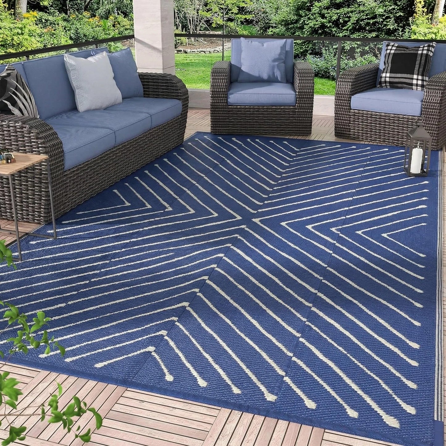 Garvee Striped 5x8 Outdoor Rug Waterproof Reversible Patio Mat, Portable Lightweight Plastic Straw Camping Rug for RV, Balcony, Backyard, Porch, Beach, Picnic, UV Protected & Easy Clean, Navy & White
