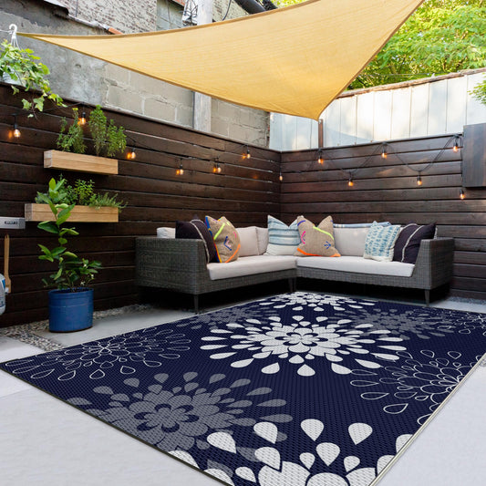 Wallona Outdoor Rugs 5x8 ft Patio Waterproof Clearance Indoor Outdoor Carpet for Patio Plastic Straw Reversible Area Rugs Mat for RV, Camping, Balcony, Beach, Picnic, Porch, Flower Blue & White